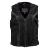 Milwaukee Leather women's black Speed Queen motorcycle vest with front zipper, made of genuine leather, displayed on a mannequin.