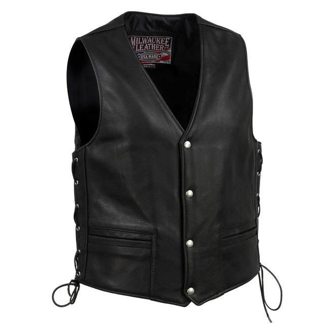 Milwaukee Leather men's black Gaucho motorcycle vest made of premium steerhide with extra long back design.