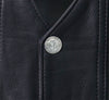 Milwaukee Leather men's black Road Whip motorcycle leather vest with buffalo snap buttons, close-up of front detail.