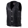Milwaukee Leather men's black 'Road Whip' motorcycle leather vest with buffalo snap buttons, front view showing vest details.