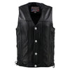 Milwaukee Leather Men's black Road Whip motorcycle vest with buffalo snap buttons, front view showing leather material and silver accents.