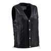 Milwaukee Leather men's black Road Whip motorcycle vest with buffalo snap buttons, premium leather and silver hardware.