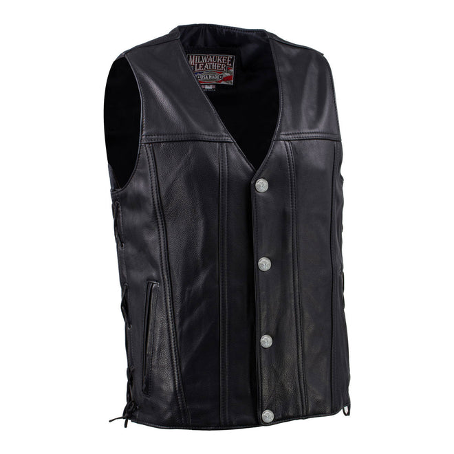 Milwaukee Leather men's black Road Whip motorcycle vest with buffalo snap buttons, premium leather and silver hardware.