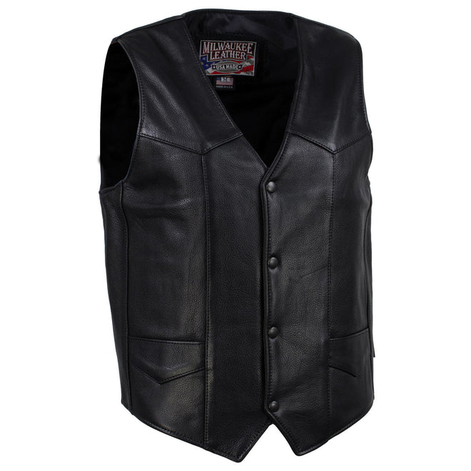 Milwaukee Leather men's black Classic Western motorcycle leather vest with front zipper and snap closures.