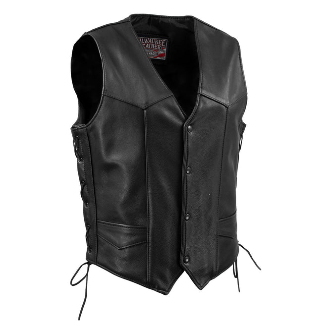 Milwaukee Leather men's black Buster side lace motorcycle vest with premium leather construction and metal zipper closure.