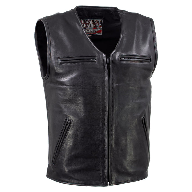 Milwaukee Leather men's black Slinger V-Neck motorcycle vest with zipper details, made from premium leather.