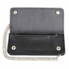 Milwaukee Leather men's 8-inch leather bifold biker wallet with anti-theft stainless steel chain, displayed open showing interior compartments.