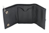 Milwaukee Leather men's black leather tri-fold wallet with steel chain, small size, featuring multiple card slots and a secure fold design.