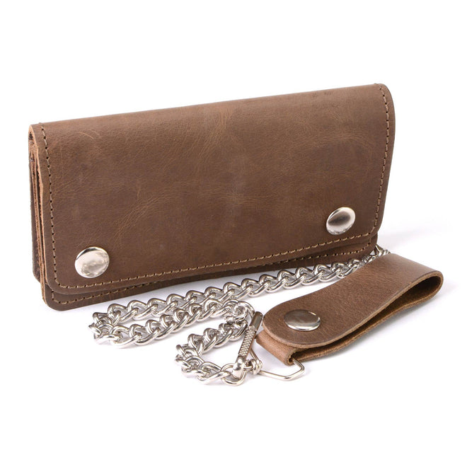 Milwaukee Leather MLW7817 men's 8-inch distressed brown leather biker wallet with anti-theft stainless steel chain, showcasing front view.