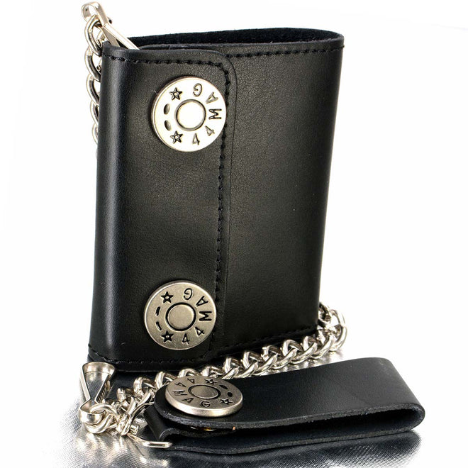 Milwaukee Leather MLW7822 men's 4.25-inch leather biker wallet with anti-theft steel chain and buffalo nickel snaps.