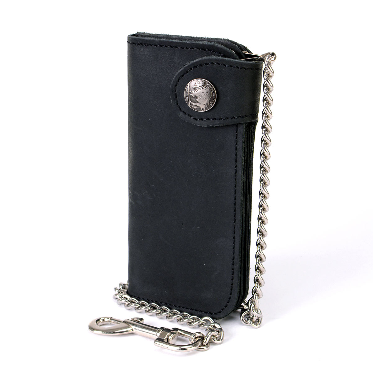 Milwaukee Leather MLW7828 men's 6-inch leather bi-fold biker wallet with anti-theft stainless steel chain and buffalo nickel snap