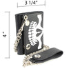 Milwaukee Leather men's 4-inch leather skeleton teeth tri-fold wallet with anti-theft stainless steel chain, shown open and closed.