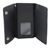 Milwaukee Leather men's black tri-fold wallet with steel chain, made from soft naked cowhide leather, displayed open showing card slots.