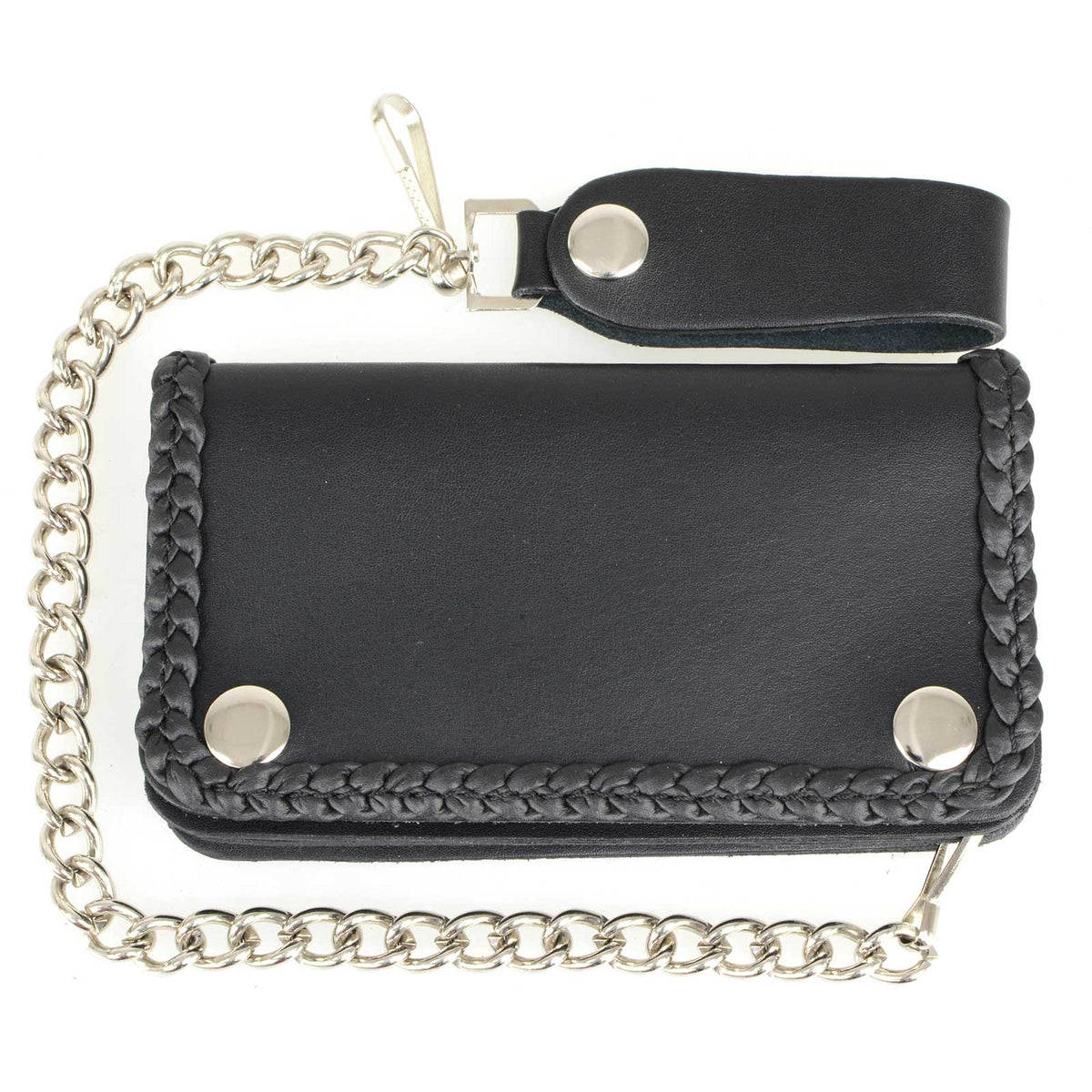 Milwaukee Leather MLW7881 men's 6-inch braided leather biker wallet with stainless steel anti-theft chain.