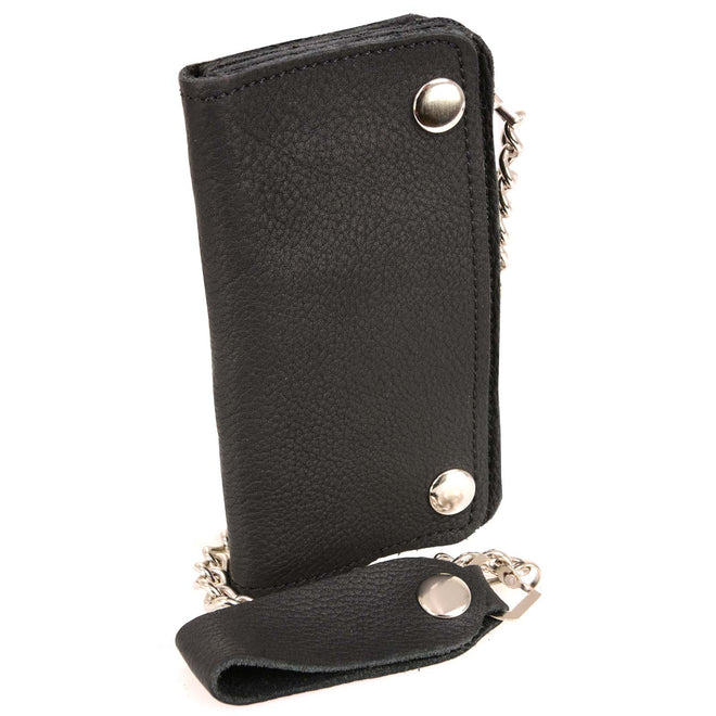 Milwaukee Leather men's black 6-inch biker wallet with soft naked leather, bi-fold design, and stainless steel anti-theft chain.