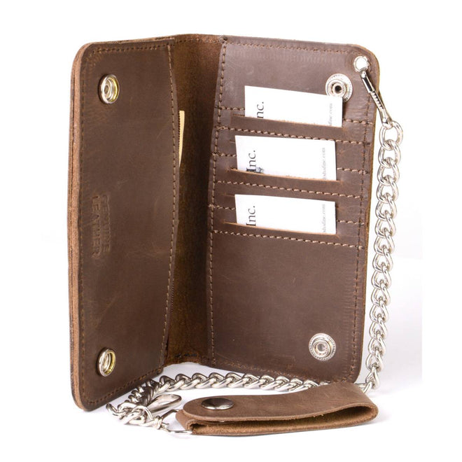 Milwaukee Leather MLW7887 men's distressed brown leather biker wallet with anti-theft stainless steel chain, bi-fold design.