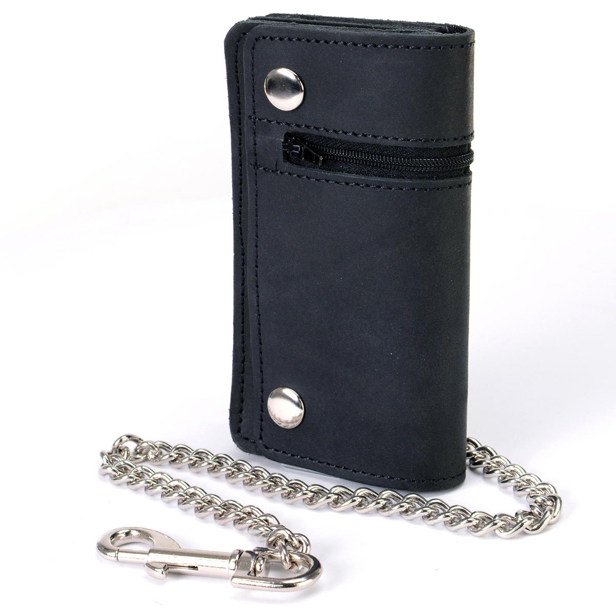 Milwaukee Leather MLW7890 men's 6-inch leather biker wallet with anti-theft chain and zipper pocket, displayed with stainless steel chain.