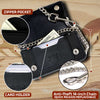 Close-up of Milwaukee Leather MLW7890 men's 6-inch leather bi-fold biker wallet with anti-theft chain and zipper pocket.