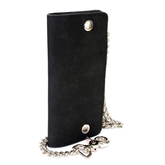 Milwaukee Leather MLW7893 men's 7-inch leather bifold biker wallet with multiple compartments and stainless steel chain clip.