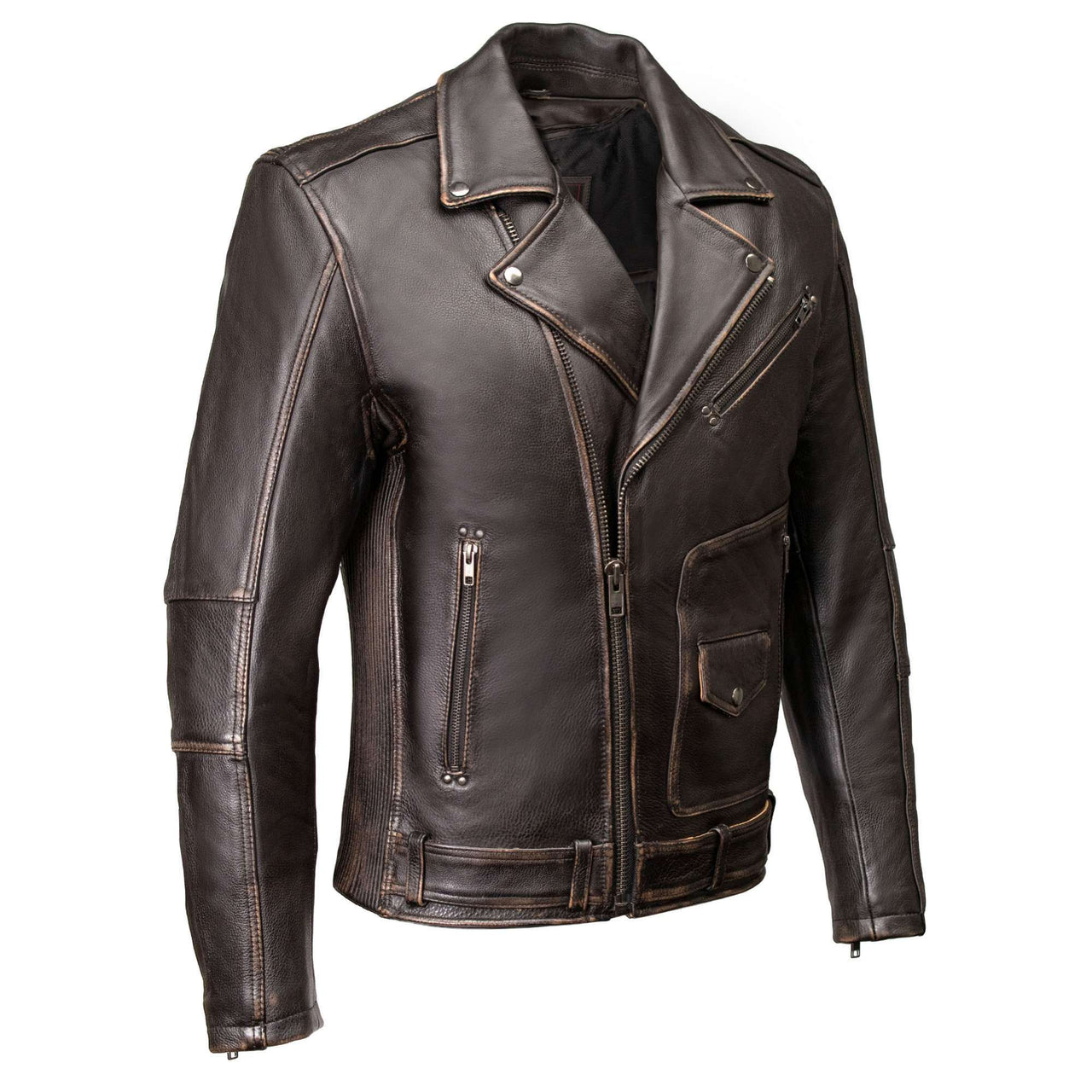 MMC10005-BLK/COG Men's Unforgiven MC Style Vintage Brown Leather Jacket w/ Lapel Collar