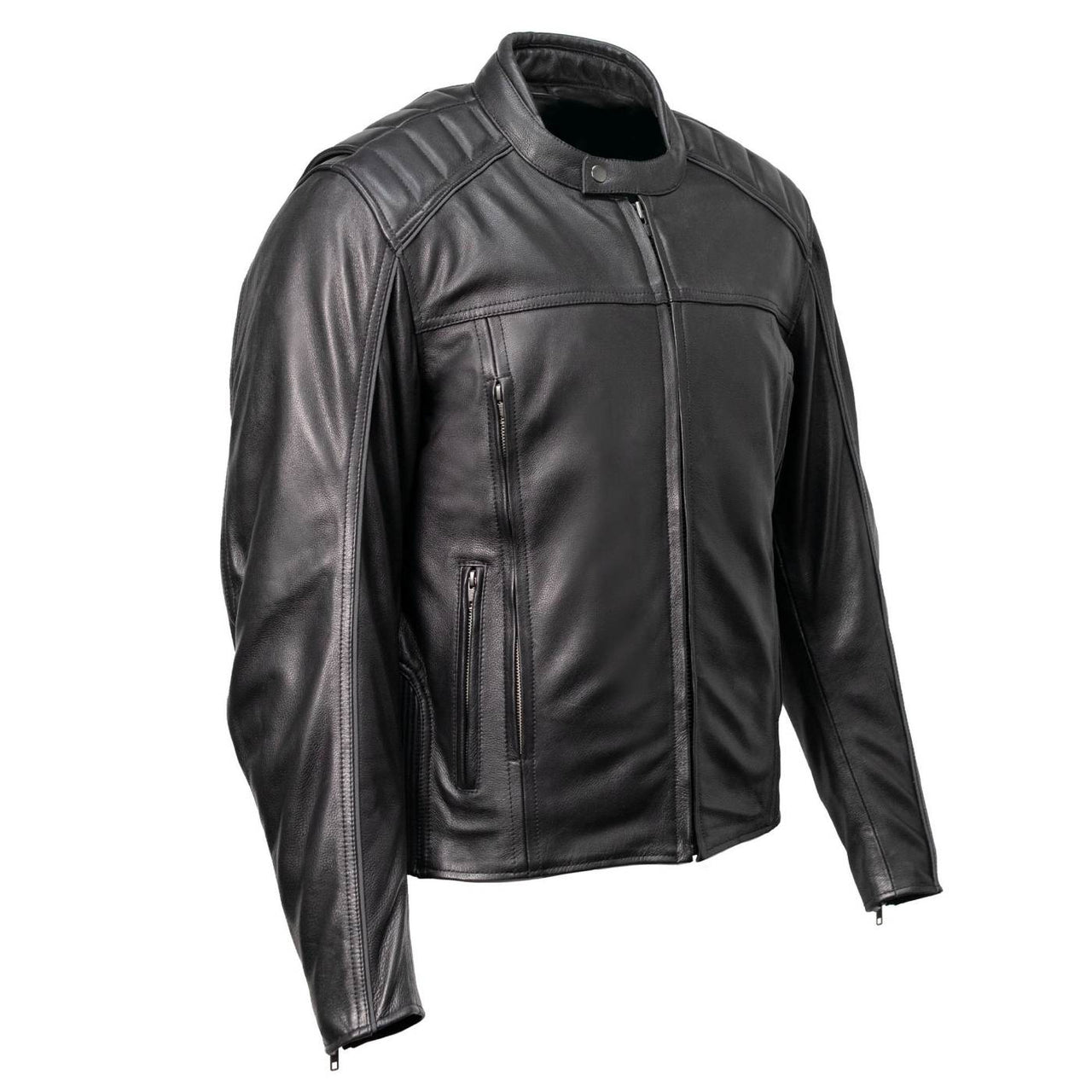 MMC10007 Men's Top-Spot Scooter Style Black Leather Jacket w/ Reflective Piping