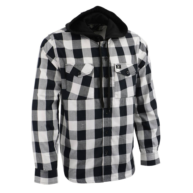 Milwaukee Leather men's black and white long sleeve cotton flannel shirt with hoodie, casual textile clothing for men.