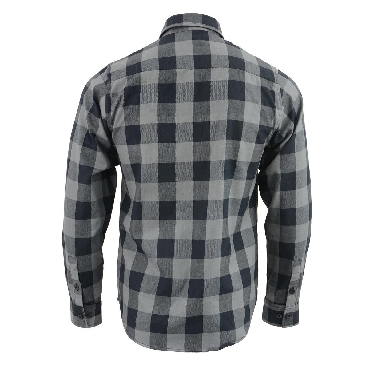 Milwaukee Leather NexGen MNG11630 men's black and grey long sleeve cotton flannel shirt, front view showing collar and button details.