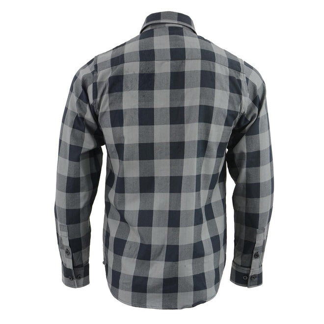 Milwaukee Leather NexGen MNG11630 men's black and grey long sleeve cotton flannel shirt, front view showing collar and button details.