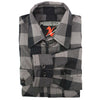 Milwaukee Leather NexGen MNG11630 men's black and grey long sleeve cotton flannel shirt, close-up view showing fabric texture and design.