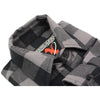 Milwaukee Leather men's black and grey long sleeve cotton flannel shirt, close-up of fabric and collar detail.