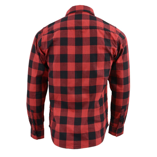 Milwaukee Leather men's black and red long sleeve cotton flannel shirt, textile clothing with button-up front and chest pockets.