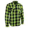 Milwaukee Leather men's black and neon green long sleeve cotton flannel shirt, stylish textile clothing with a button-up design.