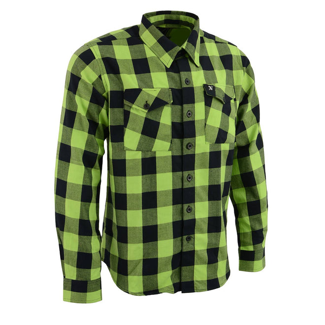 Milwaukee Leather men's black and neon green long sleeve cotton flannel shirt, stylish textile clothing with a button-up design.