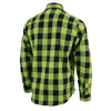 Milwaukee Leather men's black and neon green long sleeve cotton flannel shirt with button-up front and chest pockets.