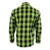 Milwaukee Leather men's black and neon green long sleeve cotton flannel shirt with button-front and plaid pattern.