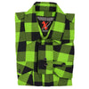 Milwaukee Leather men's black and neon green long sleeve cotton flannel shirt with button front and classic collar.