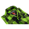 Close-up of Milwaukee Leather NexGen MNG11632 men's black and neon green long sleeve cotton flannel shirt showing fabric texture and color details.