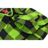Close-up of Milwaukee Leather NexGen MNG11632 men's black and neon green long sleeve cotton flannel shirt showing fabric texture and color details.