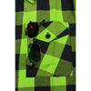 Milwaukee Leather NexGen MNG11632 men's black and neon green long sleeve cotton flannel shirt, close-up view of fabric and design.