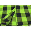 Milwaukee Leather NexGen MNG11632 men's black and neon green long sleeve cotton flannel shirt, close-up of fabric and design details.