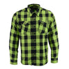Milwaukee Leather men's black and neon green long sleeve cotton flannel shirt with button front and chest pockets.