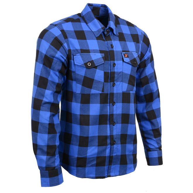 Milwaukee Leather men's black and blue long sleeve cotton flannel shirt with button front and chest pockets.
