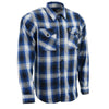 Milwaukee Leather men's blue and white long sleeve cotton flannel shirt with button front and collar.