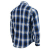 Milwaukee Leather men's blue and white long sleeve cotton flannel shirt with button-up front and collar, displayed on a hanger.