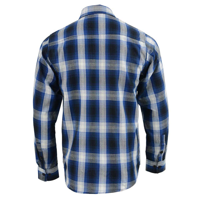 Milwaukee Leather men's blue and white long sleeve cotton flannel shirt with button-up front and classic collar.