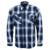 Milwaukee Leather NexGen MNG11635 men's blue and white long sleeve cotton flannel shirt, shown hanging on a wooden hanger.
