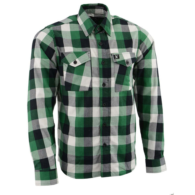 Milwaukee Leather men's green and white long sleeve cotton flannel shirt with button-down collar and chest pockets.