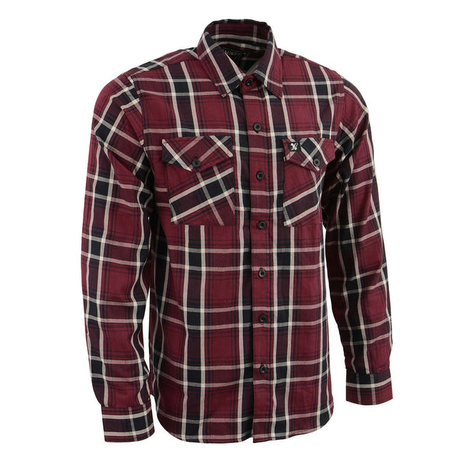 Milwaukee Leather men's maroon long sleeve cotton flannel shirt with black and white checkered pattern, casual textile clothing.