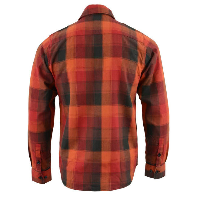 Milwaukee Leather men's long sleeve cotton flannel shirt in orange with red and black checkered pattern, casual textile clothing.