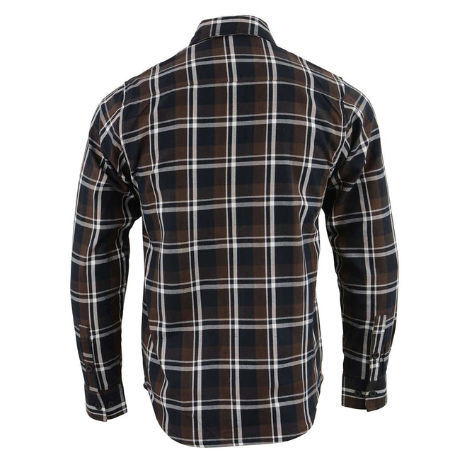 Milwaukee Leather men's long sleeve cotton flannel shirt in brown, black, and white with a classic plaid pattern.